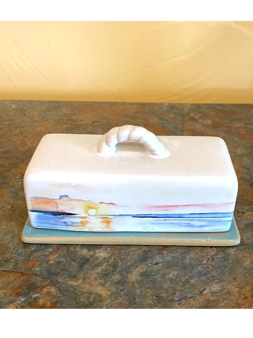 Vintage Hand-Painted Sunrise Ceramic Butter Dish